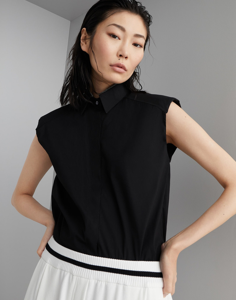Stretch cotton poplin sleeveless shirt with shiny collar 4