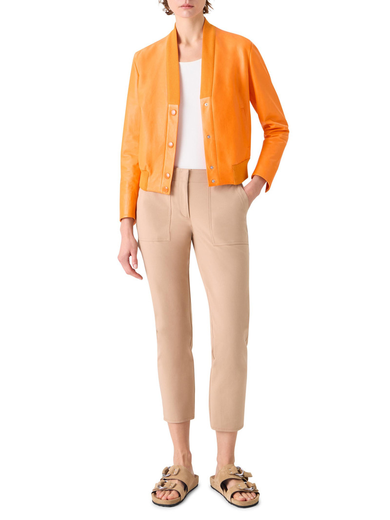 Women's Crinkled Leather V-Neck Bomber Jacket - Orange 4
