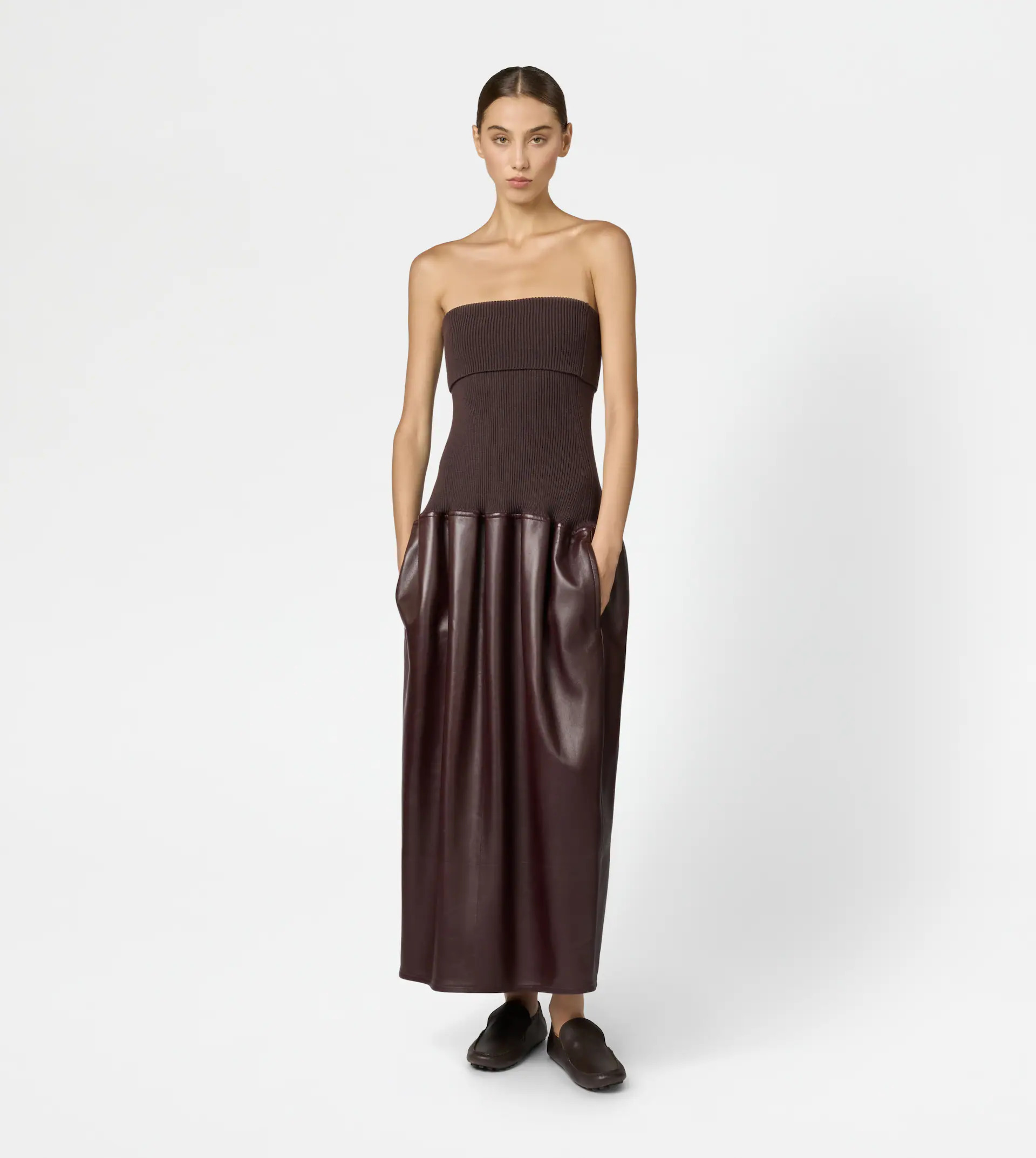DRESS IN WOOL AND LEATHER - BURGUNDY - 2