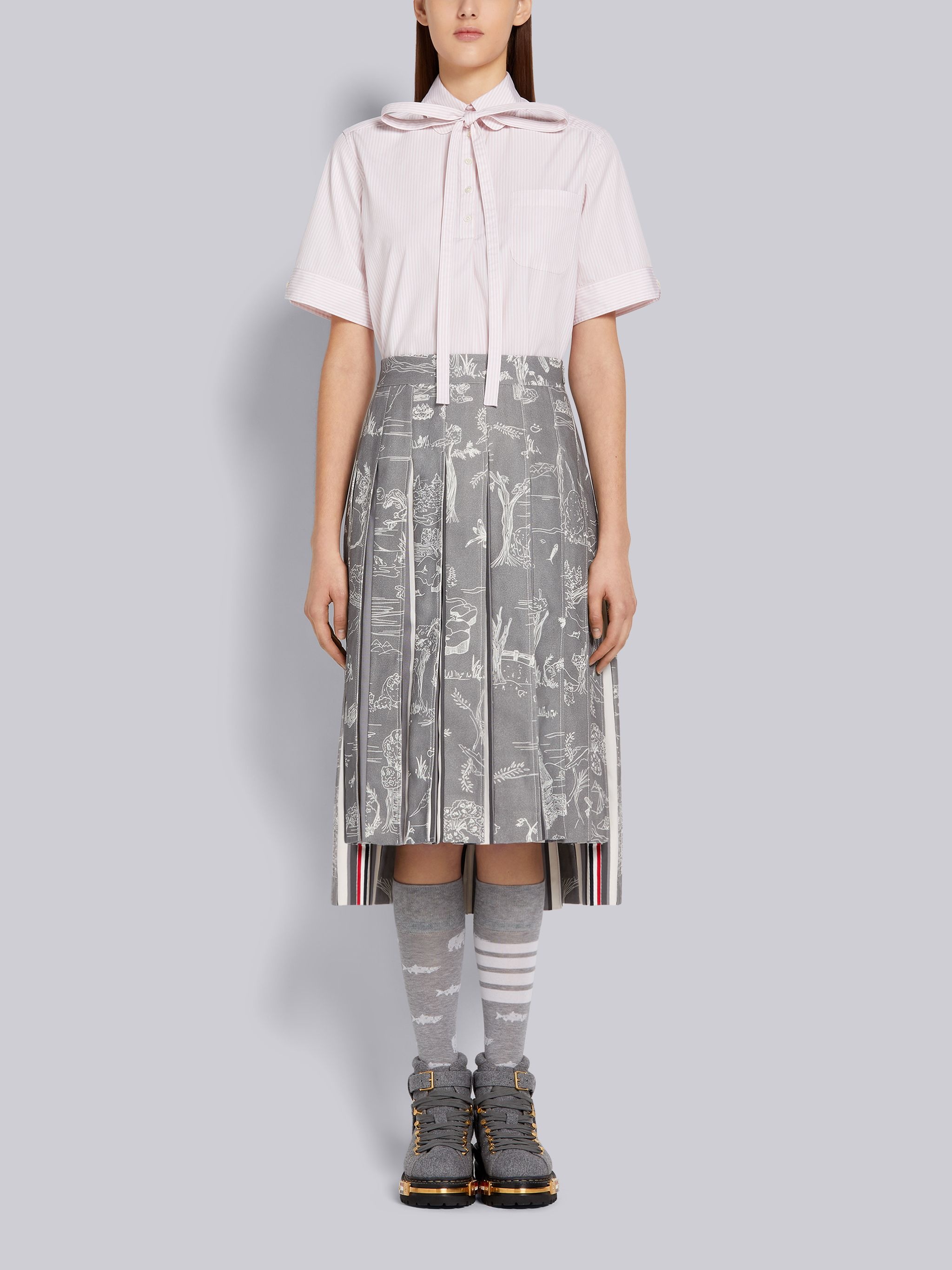 Medium Grey Animal Camp Toile Cotton Canvas Dropped Back Pleated Below-the-Knee Skirt - 4