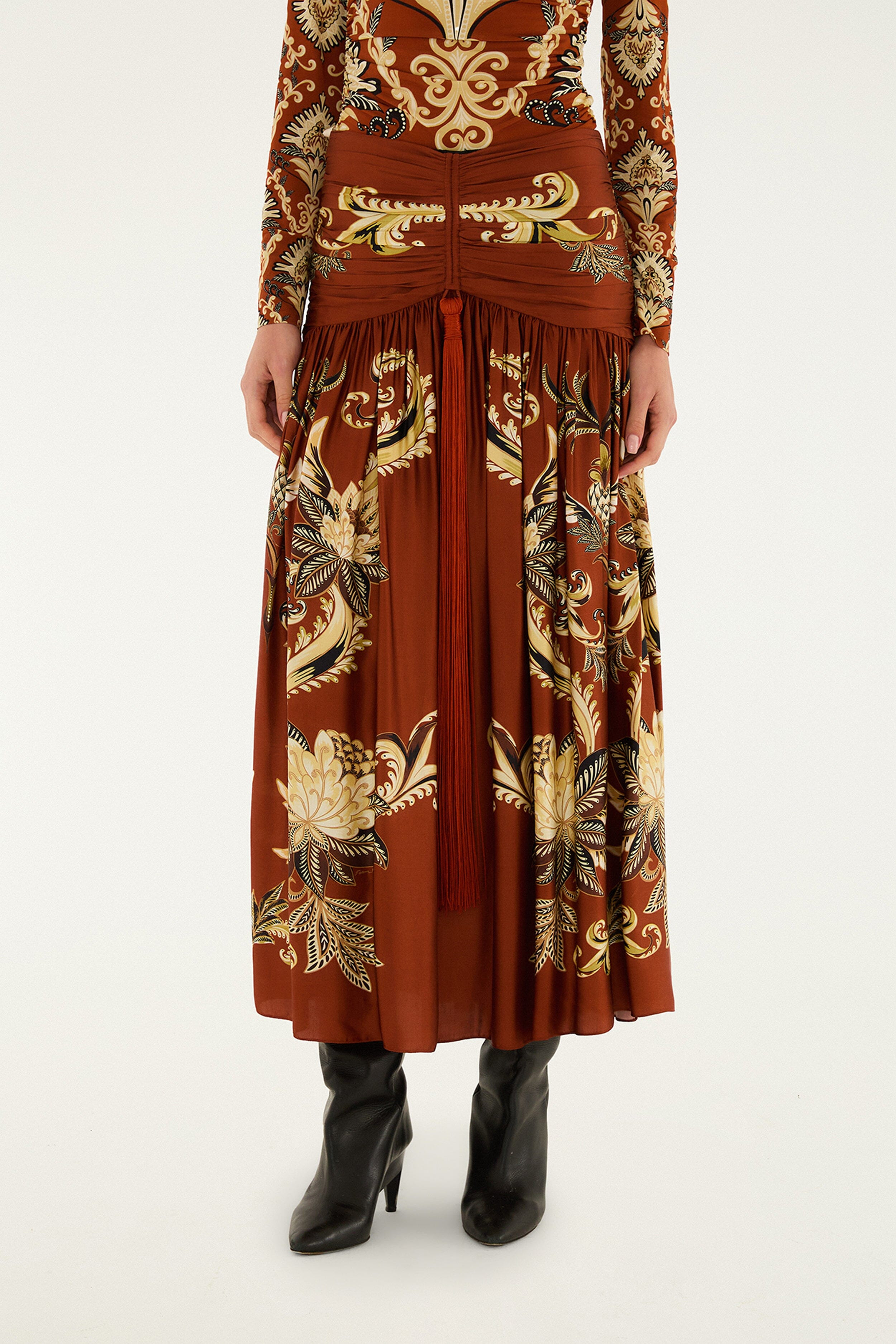 Orange Arabesque Paradise Flower Fringe Lenzing™ Ecovero™ Viscose Midi Skirt - 4