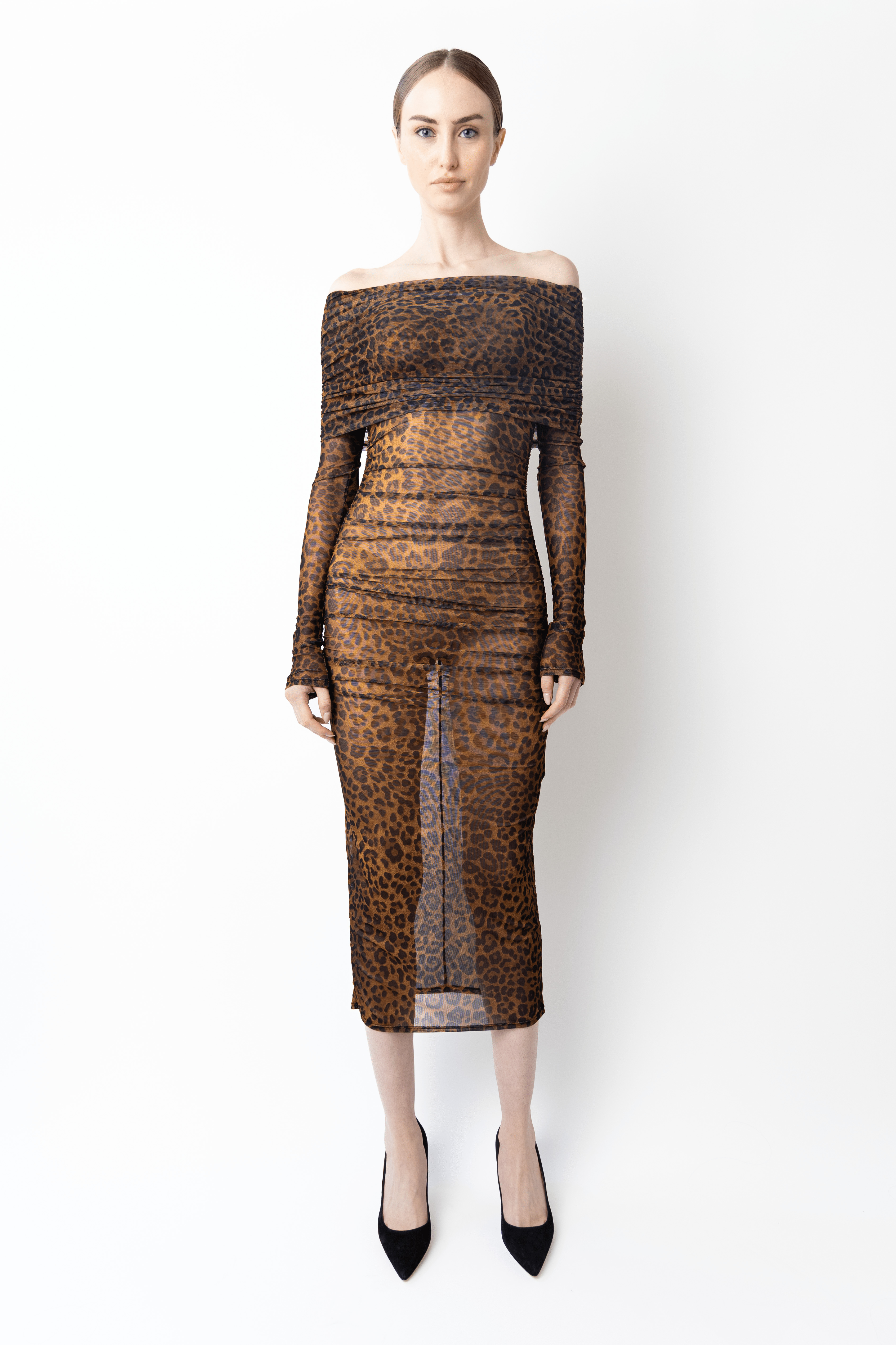 Printed Mesh Off Shoulder Midi Dress - 2
