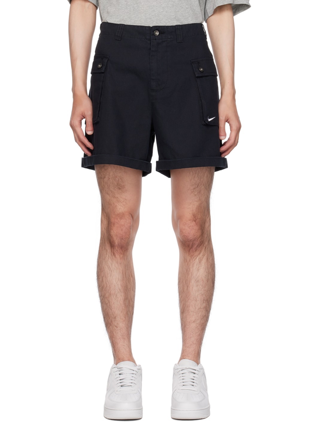 Black Embroidered Cargo Shorts - 1