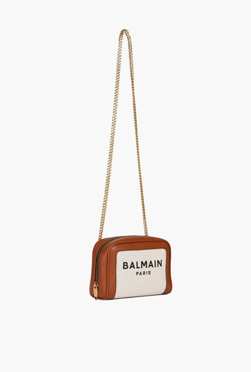 Balmain Small-sized ecru canvas B-Army bag with brown leather panels outlook