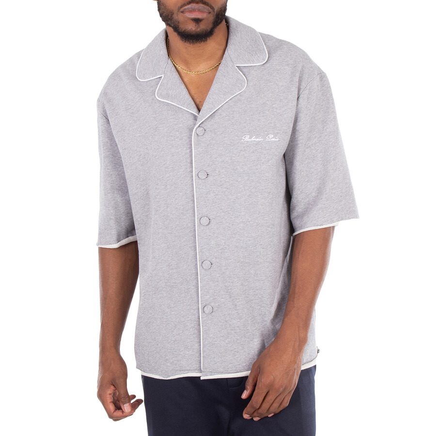Balmain Men's Grey Cotton Shirt With Embroidered Logo - 3