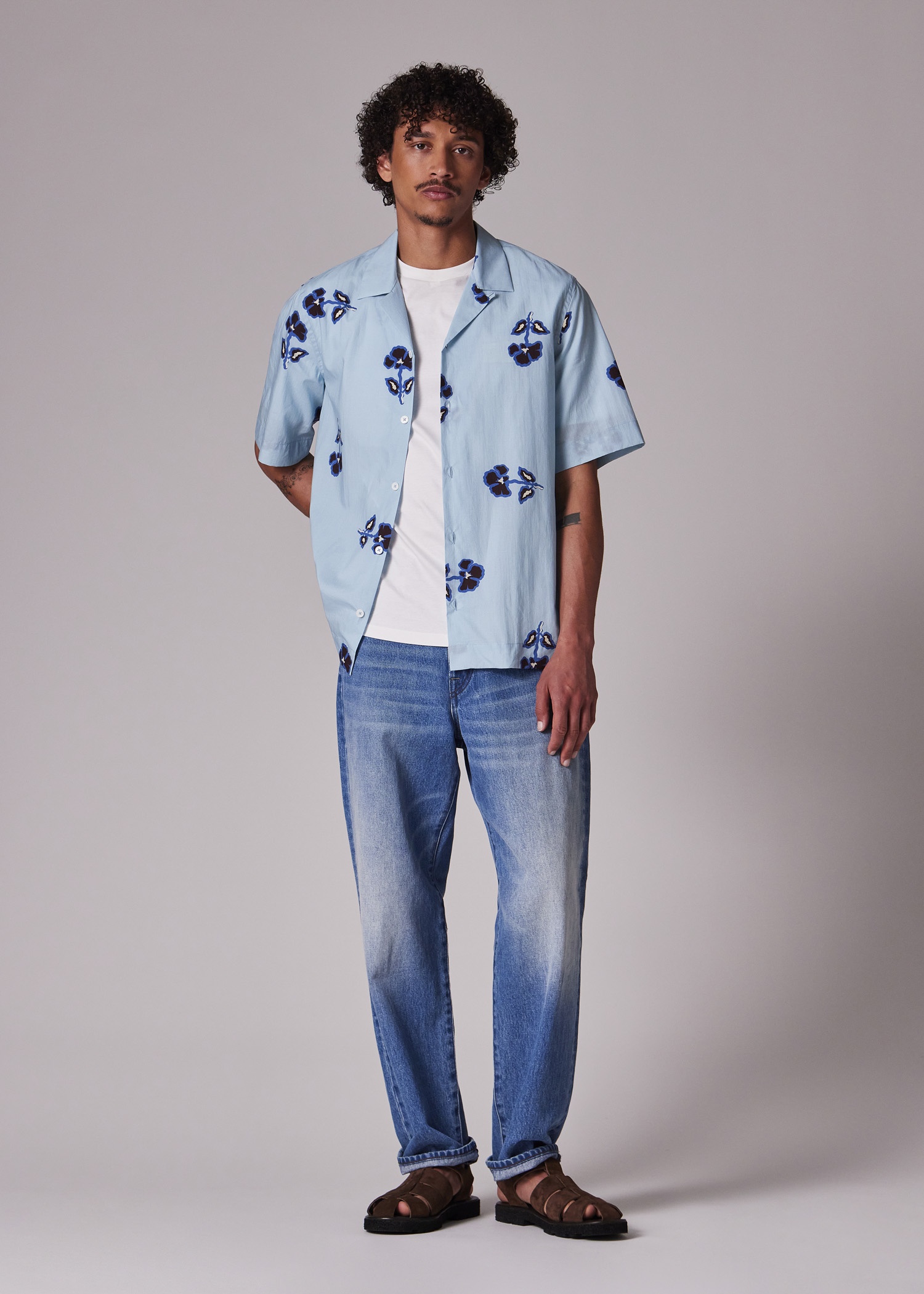 Light Blue Cotton-Lyocell 'Tri Flower' Short-Sleeve Shirt - 5