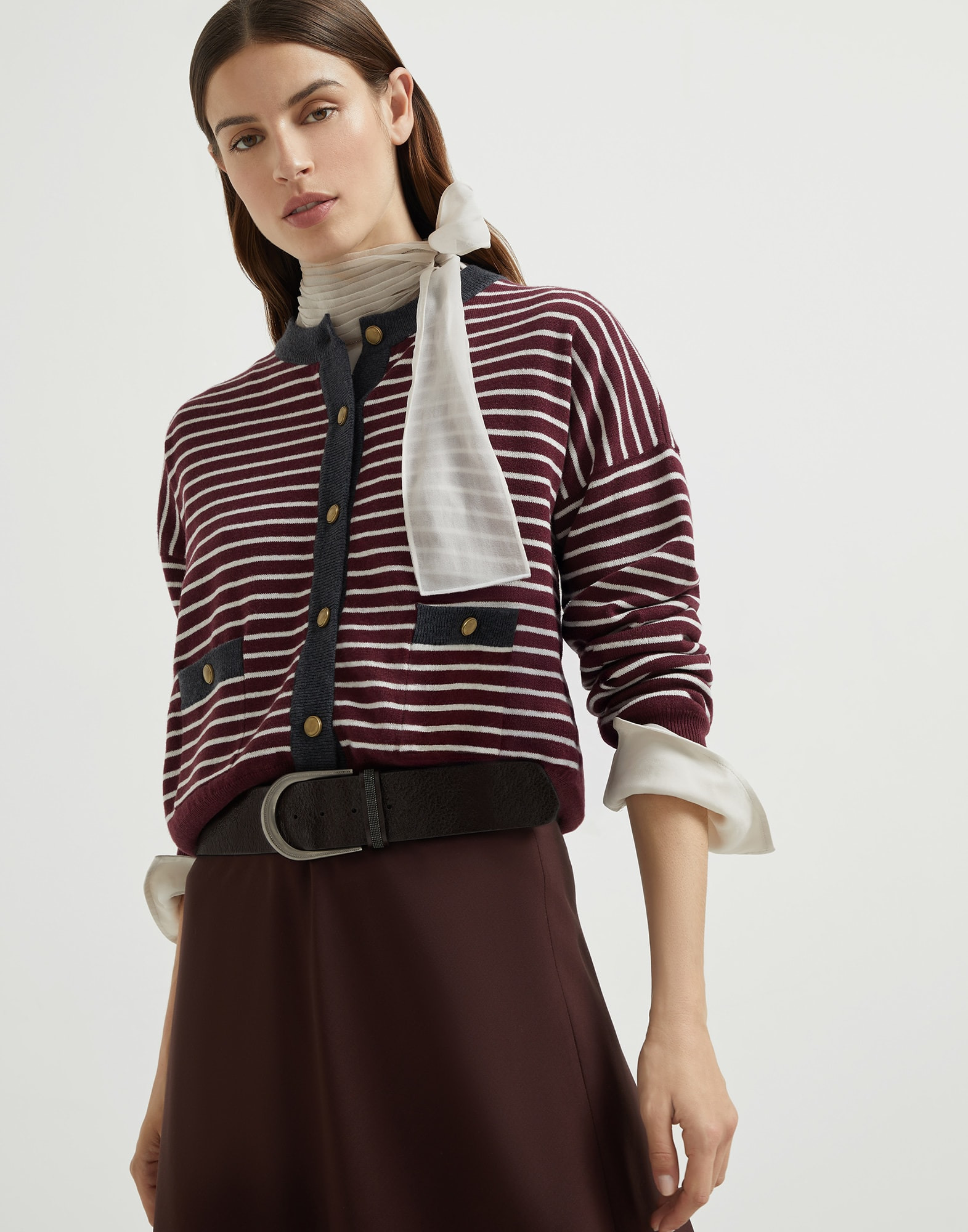 Virgin wool, cashmere and silk striped cardigan with contrast trims - 4