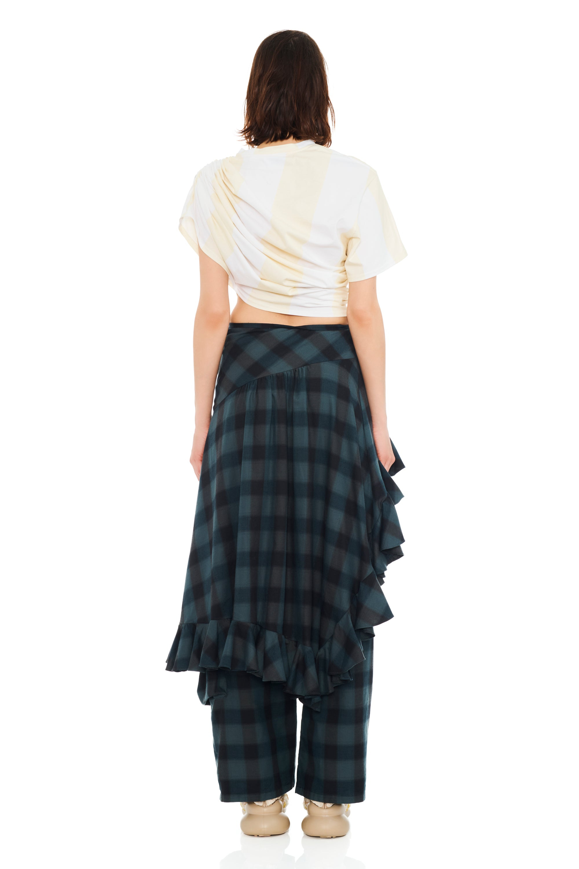 CREAM STRIPE EVA DRAPED TEE - 4