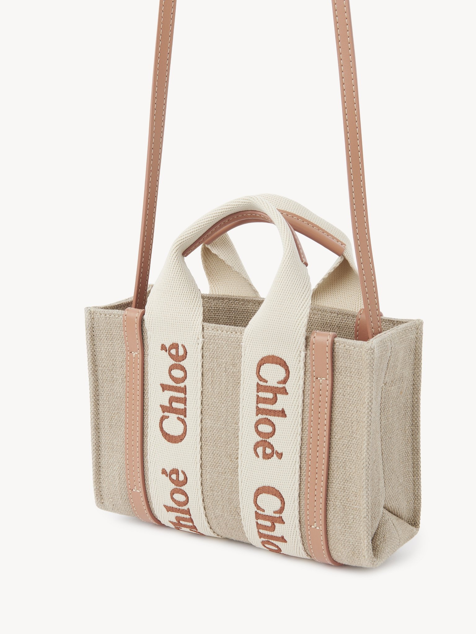 MINI WOODY TOTE BAG IN LINEN & LEATHER - 3