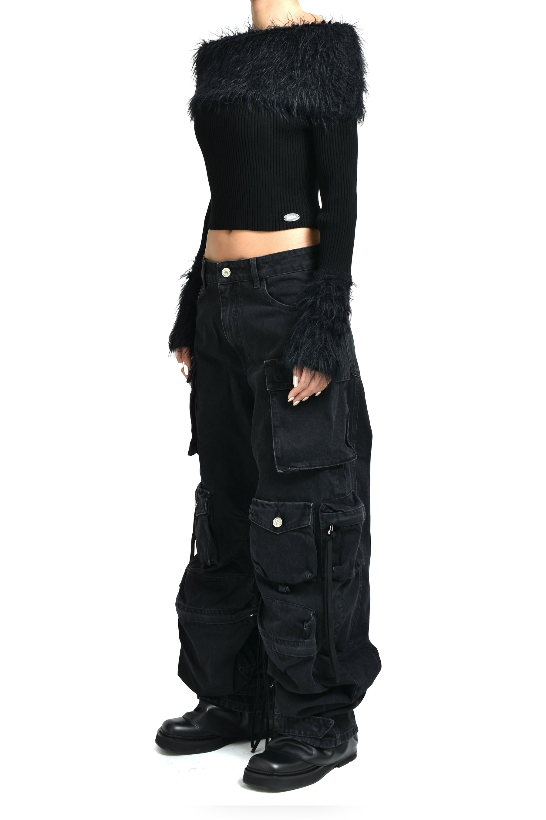 MIX VISCOSE RIBBED AND HAIRY DETAILS SWEATER / BLK - 4