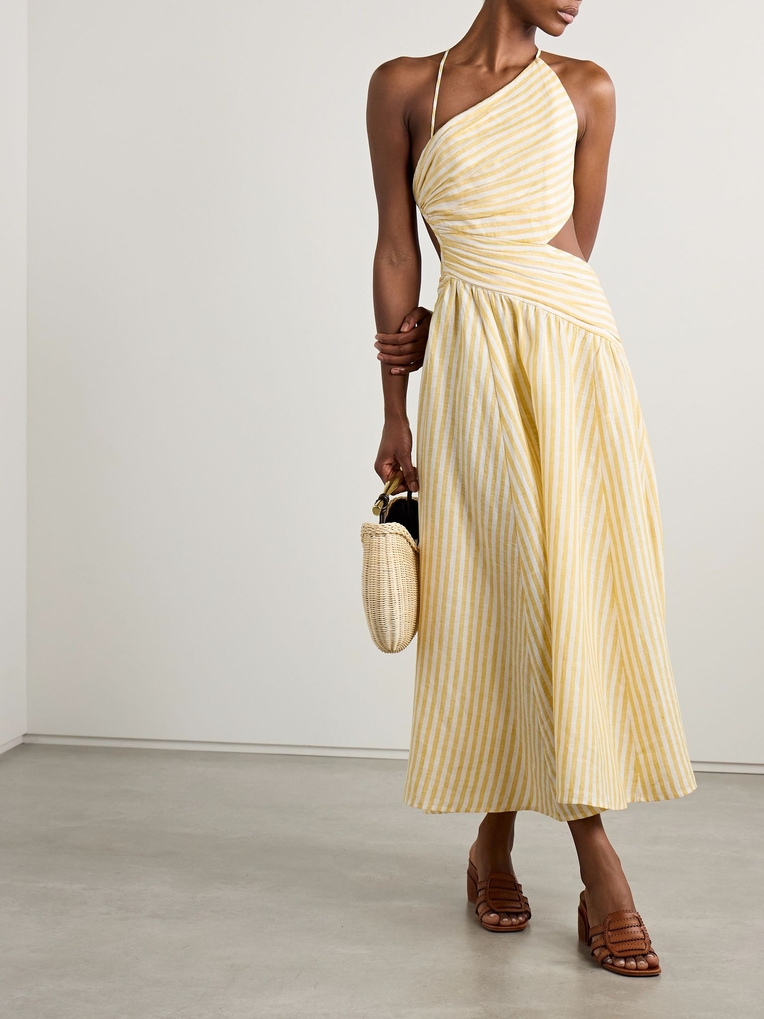 Cascadian cutout ruched striped linen midi dress Marigold - 2