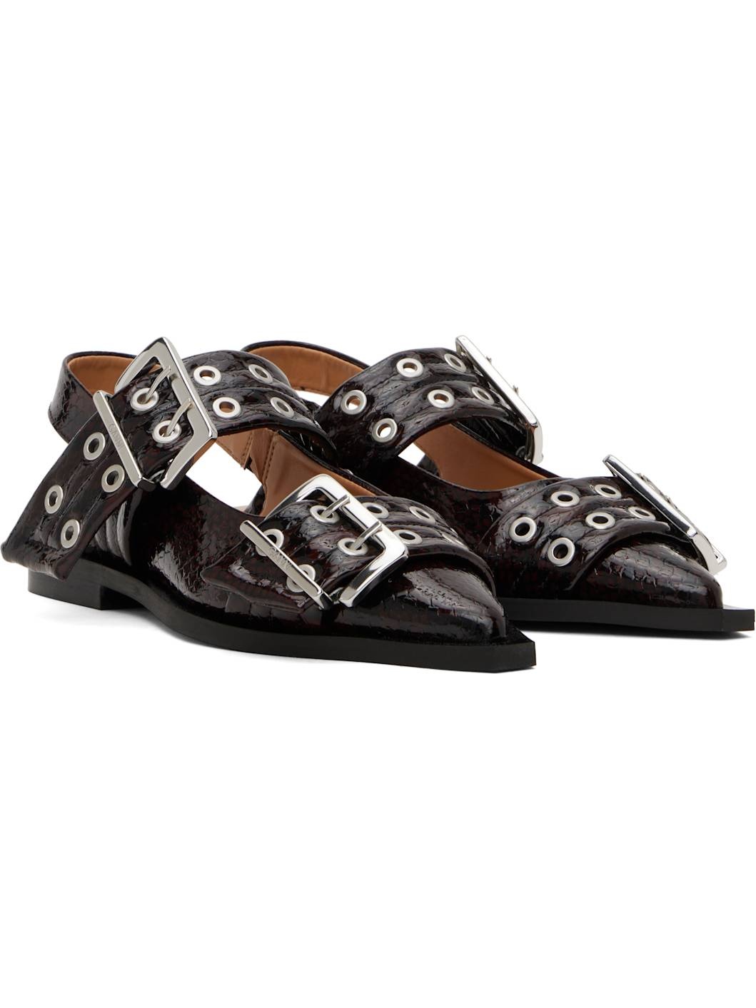 Burgundy Snake Feminine Buckle Flats - 4