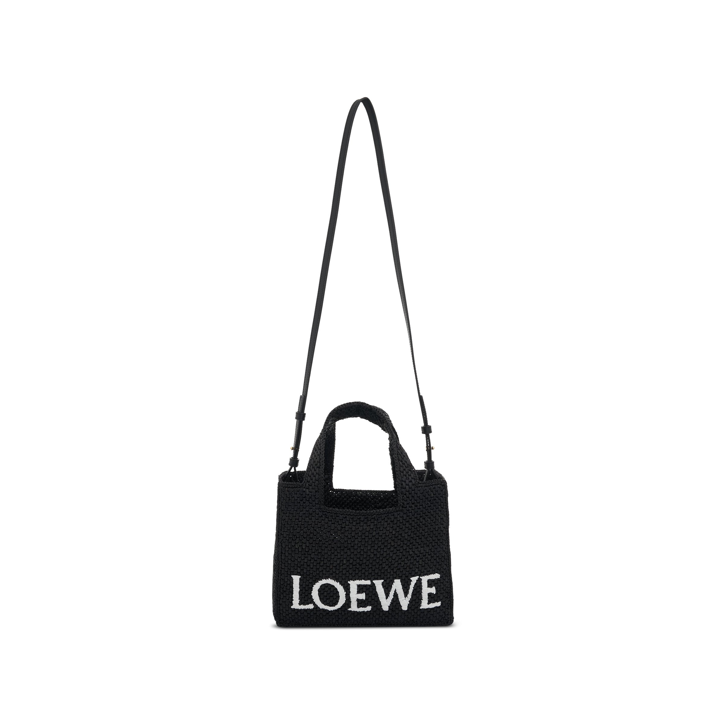 Small Logo Font Tote Bag in Raffia and Calfskin in Black - 5