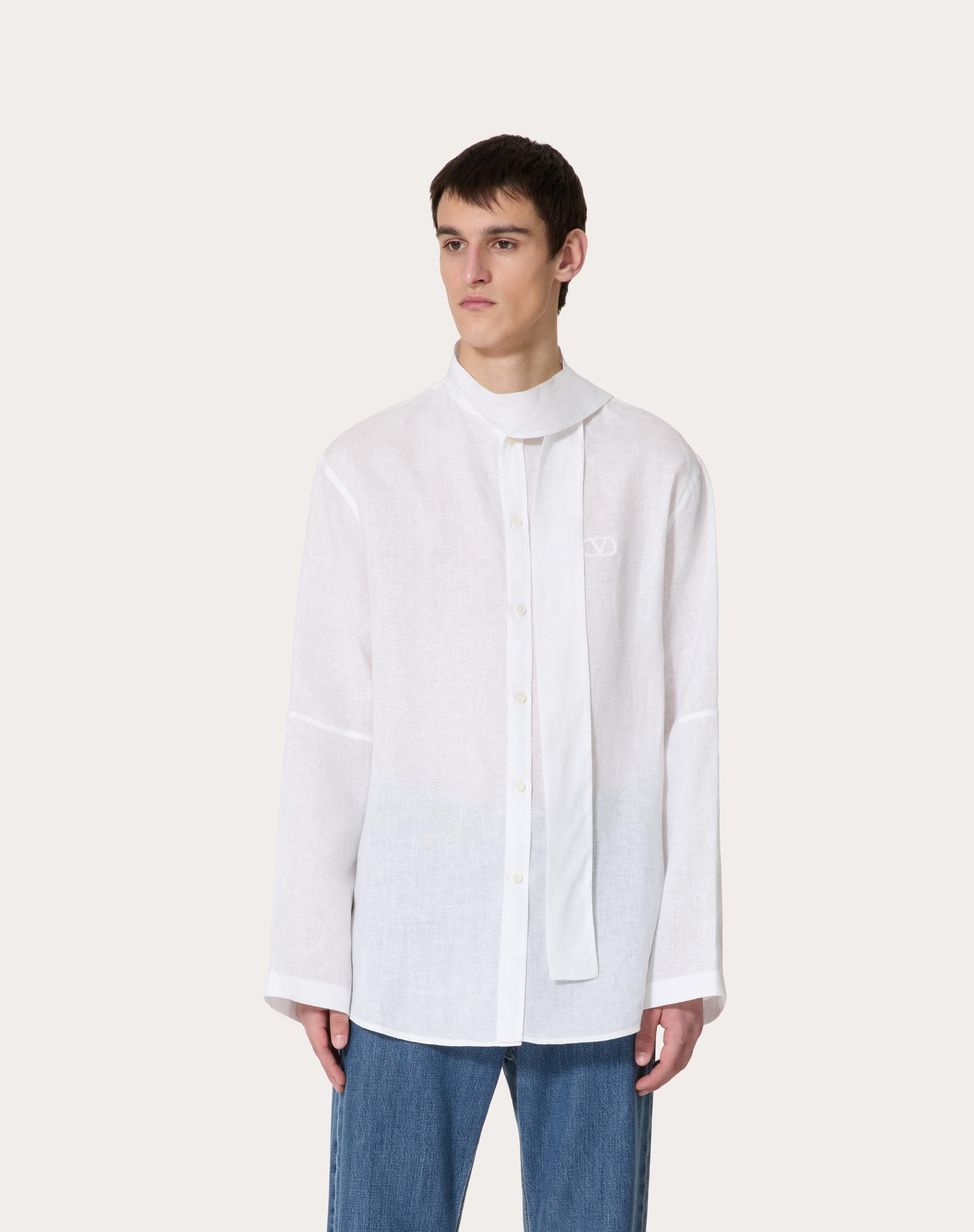 LINEN SHIRT WITH SCARF COLLAR AND SIGNATURE VLOGO EMBROIDERY - 3