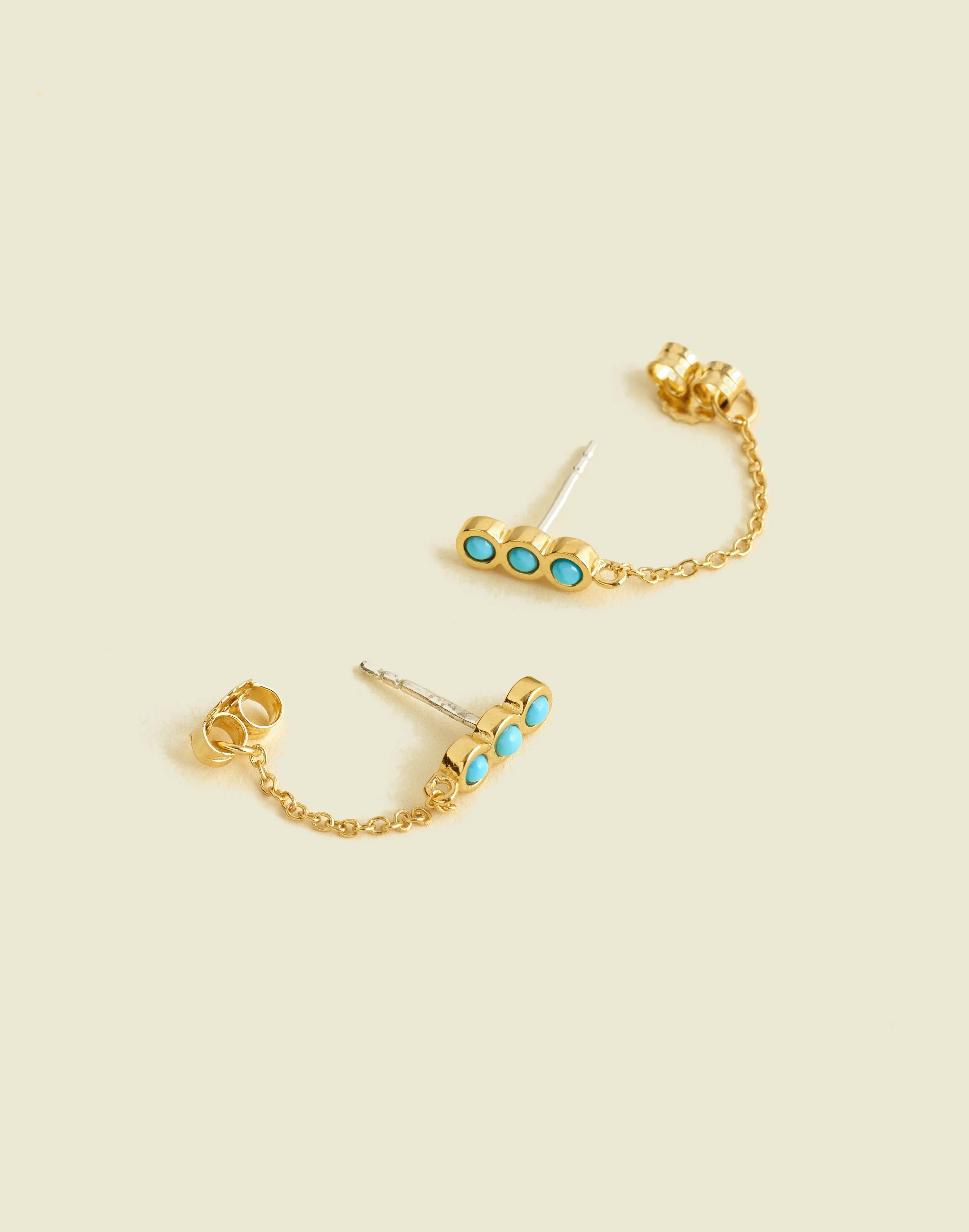 Demi-Fine Bezel Set Turquoise Chain Stud Earrings - 1