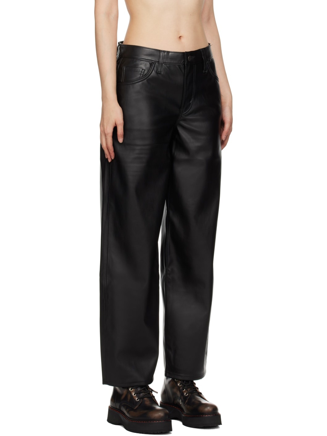 Black Baggy Dad Faux-Leather Trousers - 2