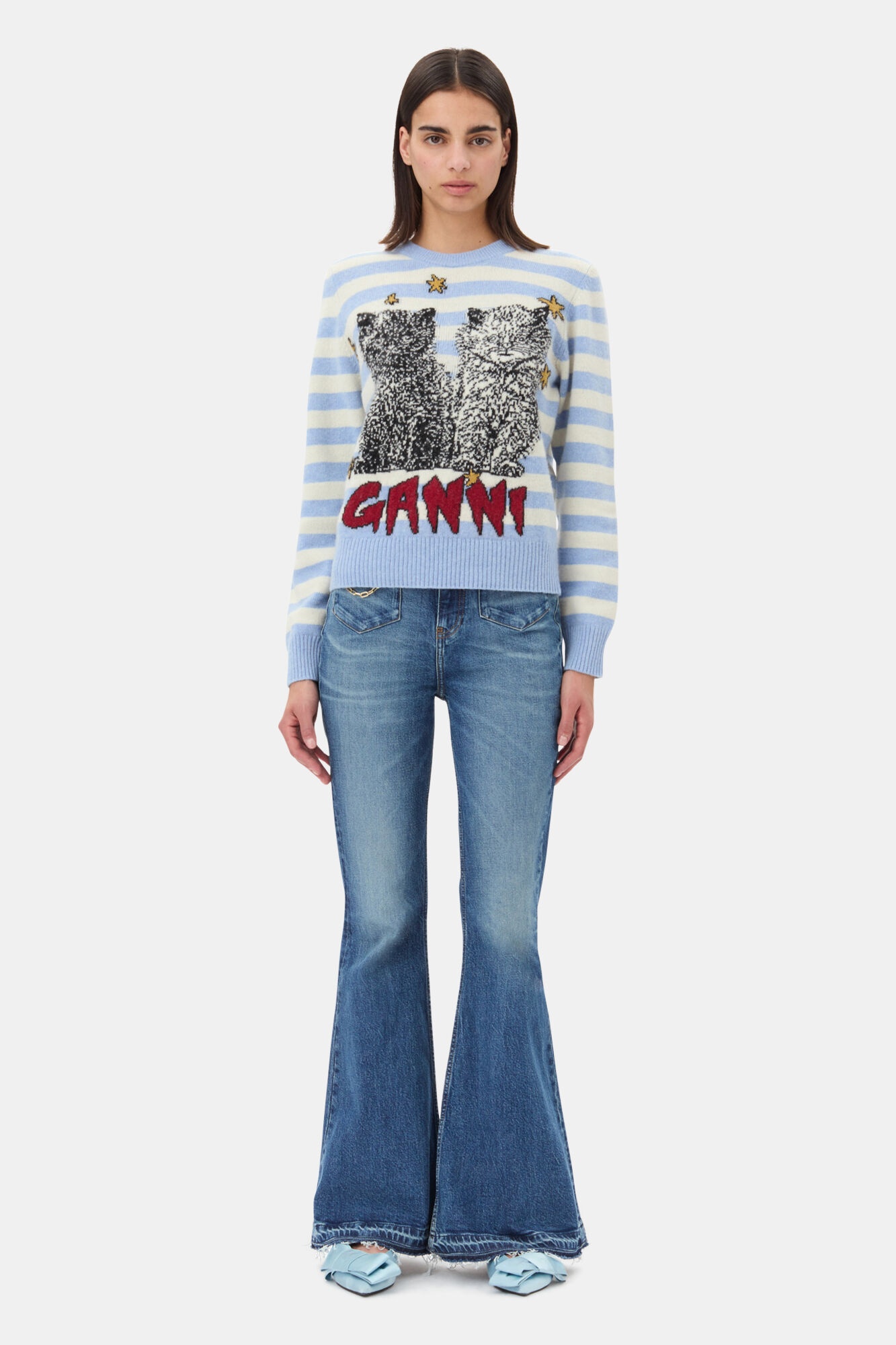 BLUE STRIPED GRAPHIC CAT SWEATER - 3