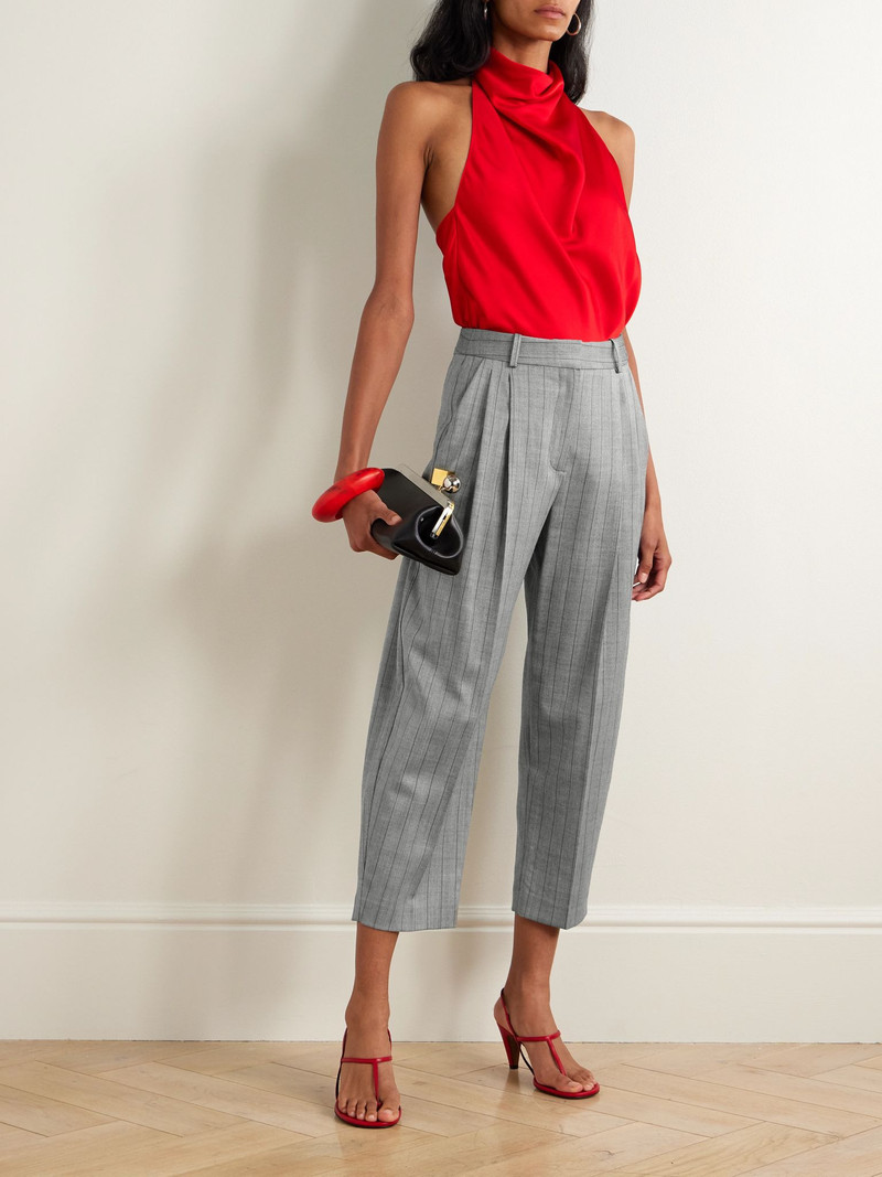 Stella McCartney Cropped pleated pinstriped wool-blend twill tapered pants Gray outlook