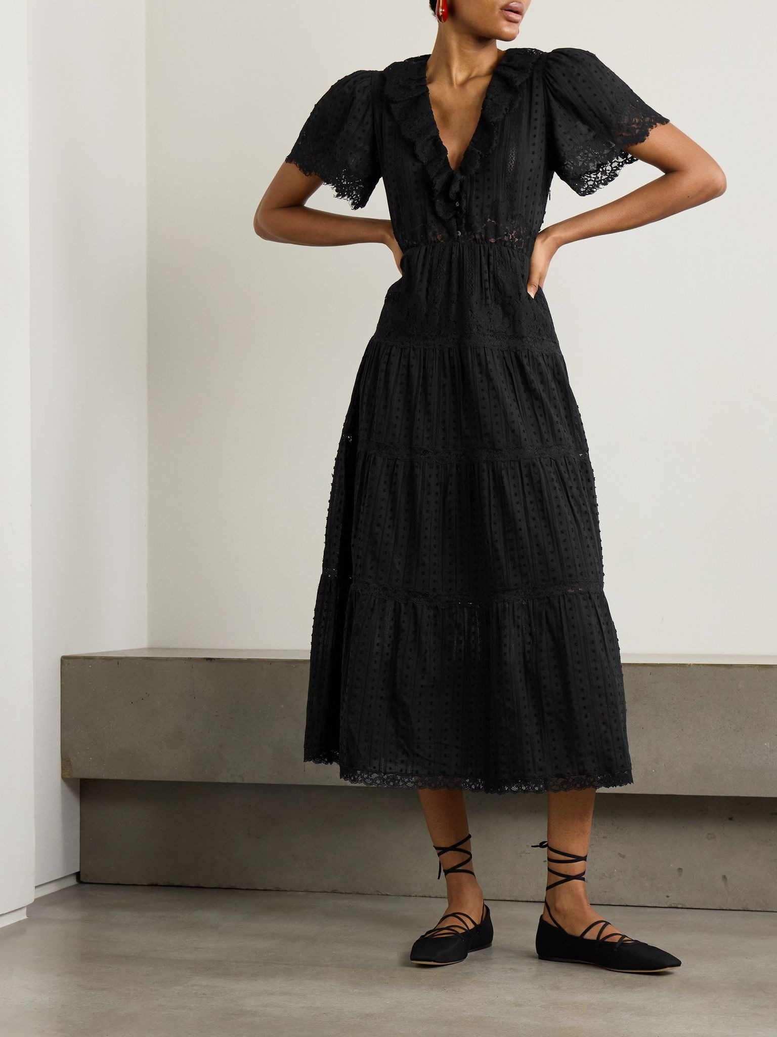 Gabriella ruffled tiered lace-trimmed point d'esprit cotton dress Black - 3