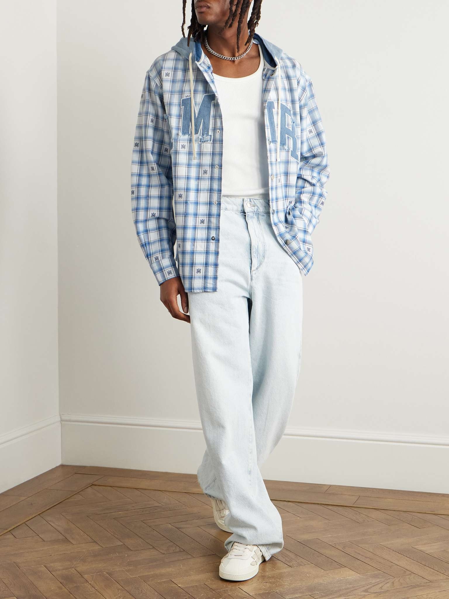 Denim-Trimmed Logo-Appliquéd Checked Cotton-Flannel Hooded Overshirt - 2