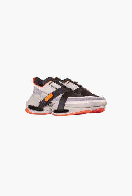 White and neon orange leather and knit B-Bold low-top sneakers with straps - 2