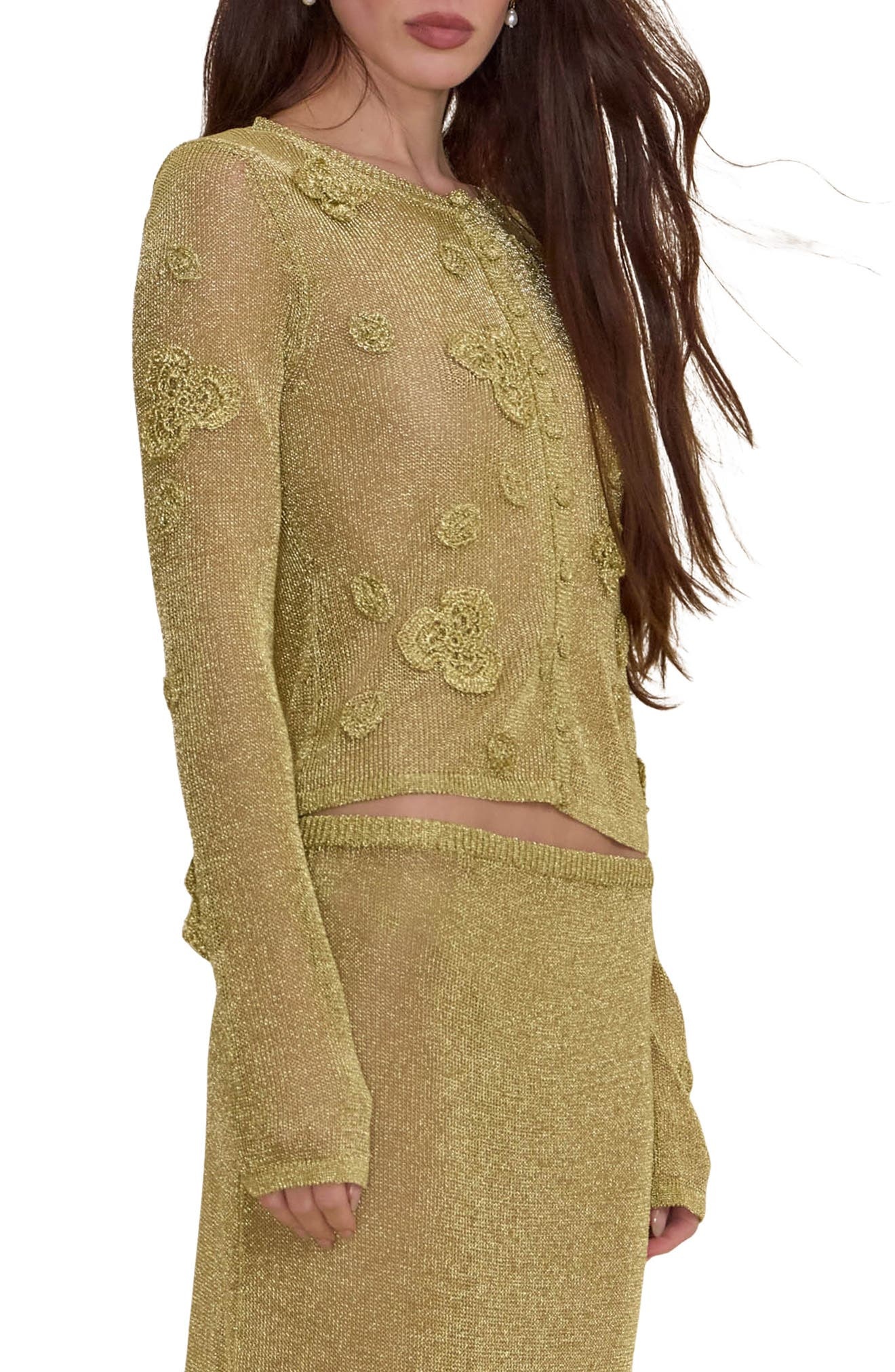 Cult Gaia Kash Sheer Floral Cardigan in Gold at Nordstrom - 3