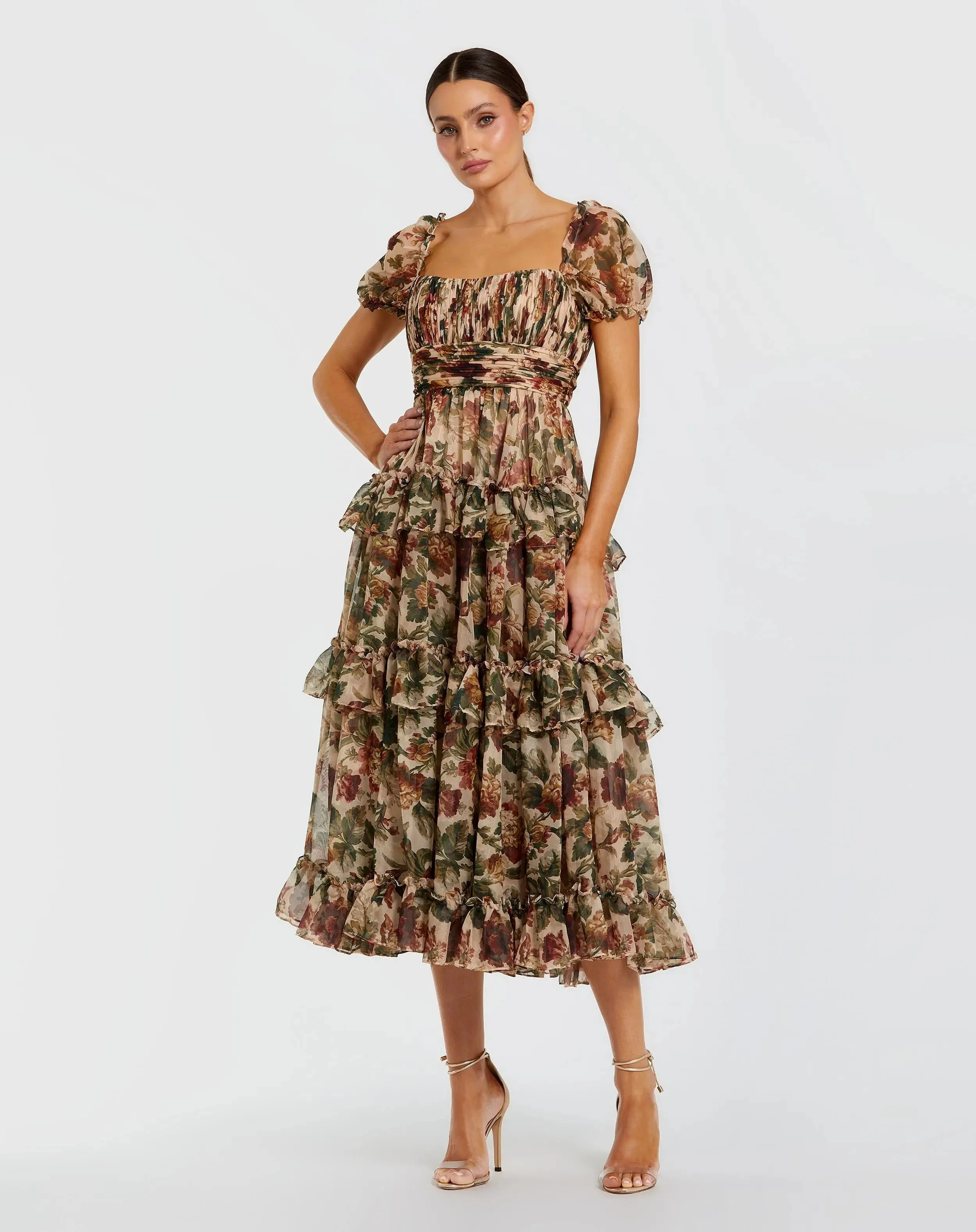 Beige Chiffon Ruffle A Line Midi Dress with Puff Sleeves - 1