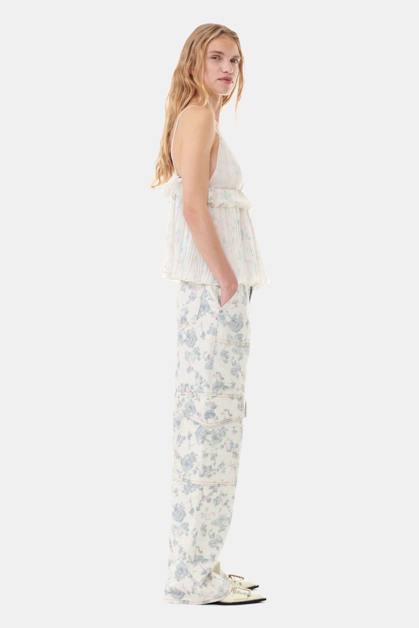 FLORAL PRINTED PLEATED GEORGETTE STRAP TOP - 4