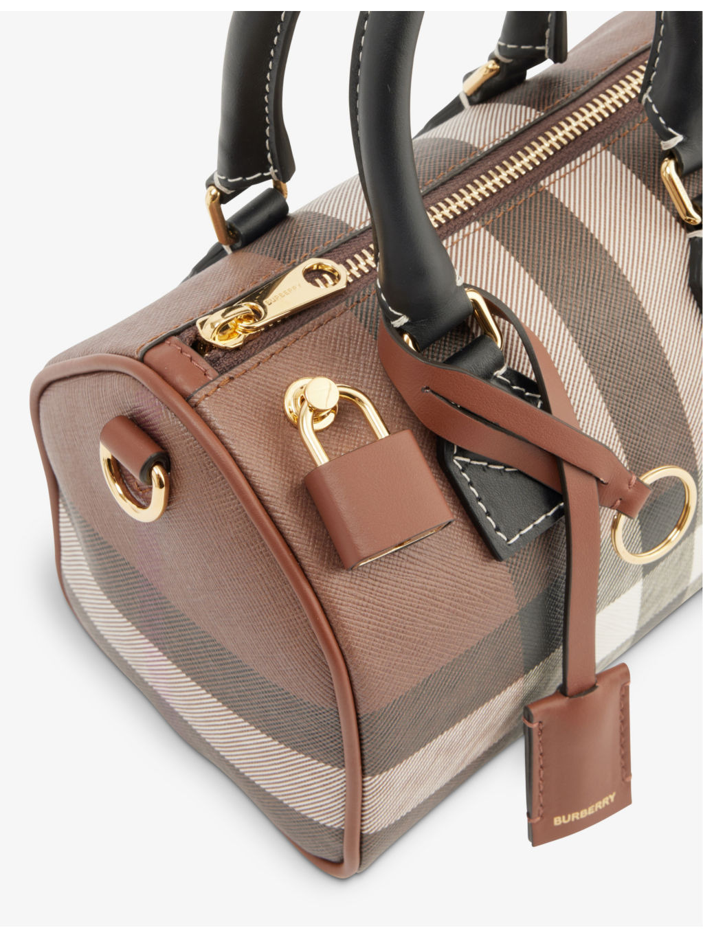 Check-print mini woven and leather top-handle bowling bag - 2
