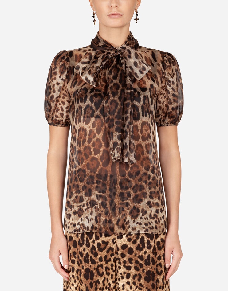 Leopard-print organza blouse with pussy bow - 1