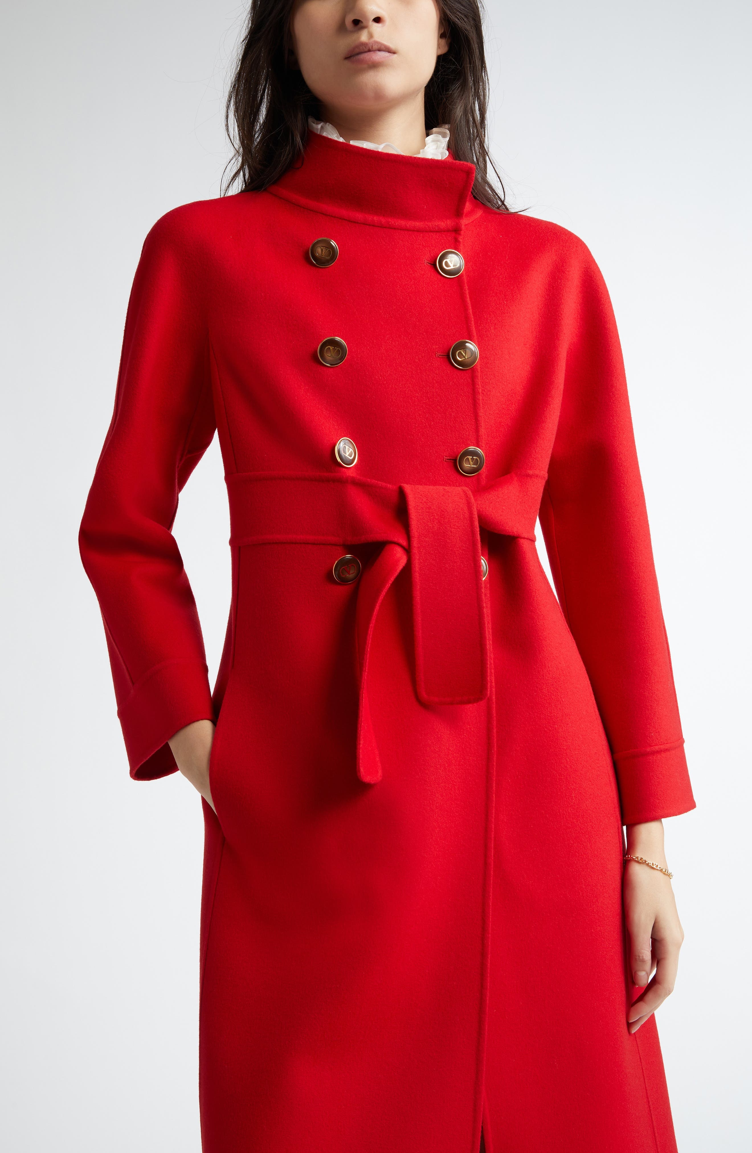 Valentino Garavani Double Breasted Wool & Cashmere Belted Coat in Dark Red at Nordstrom - 4