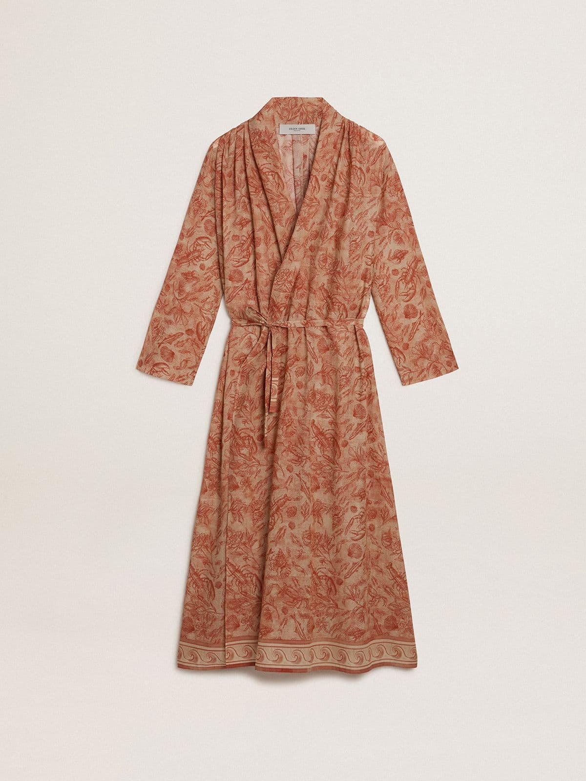 Women's kaftan in cotton voile with all-over brick-red marine print - 1
