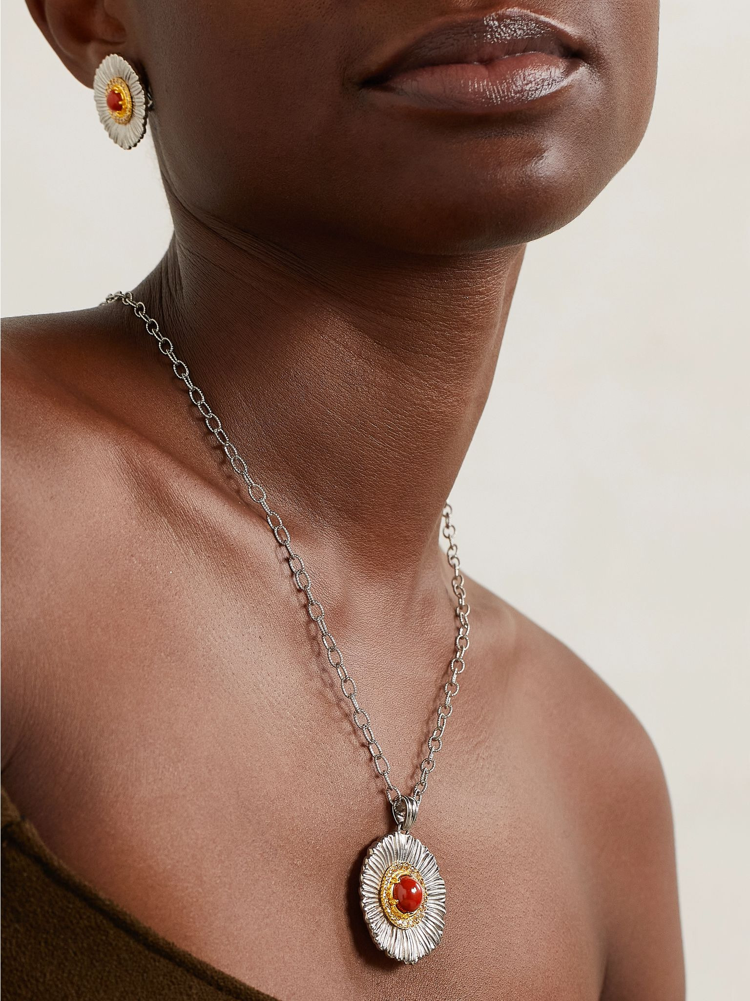 Blossom sterling silver and gold-plated, jasper and diamond necklace Silver - 2