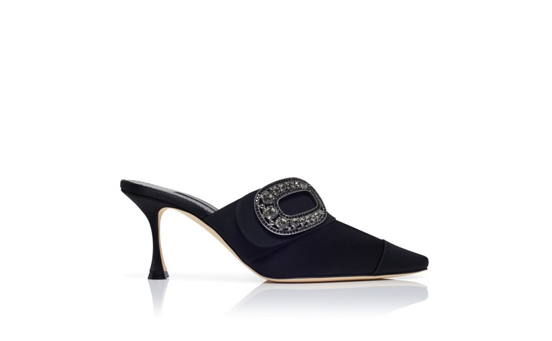 Black Satin Jewel Embellished Buckle Mules 1