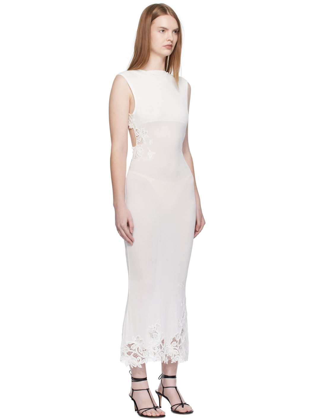White Hibiscus Embroidered Rib Midi Dress - 2