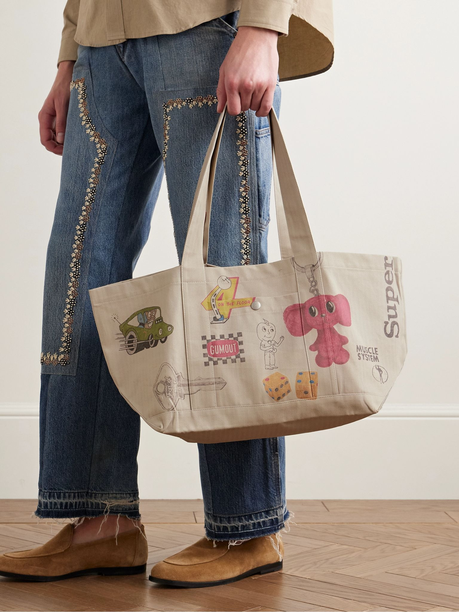 Utility Printed Herringbone Canvas Shoulder Bag Cream - 2