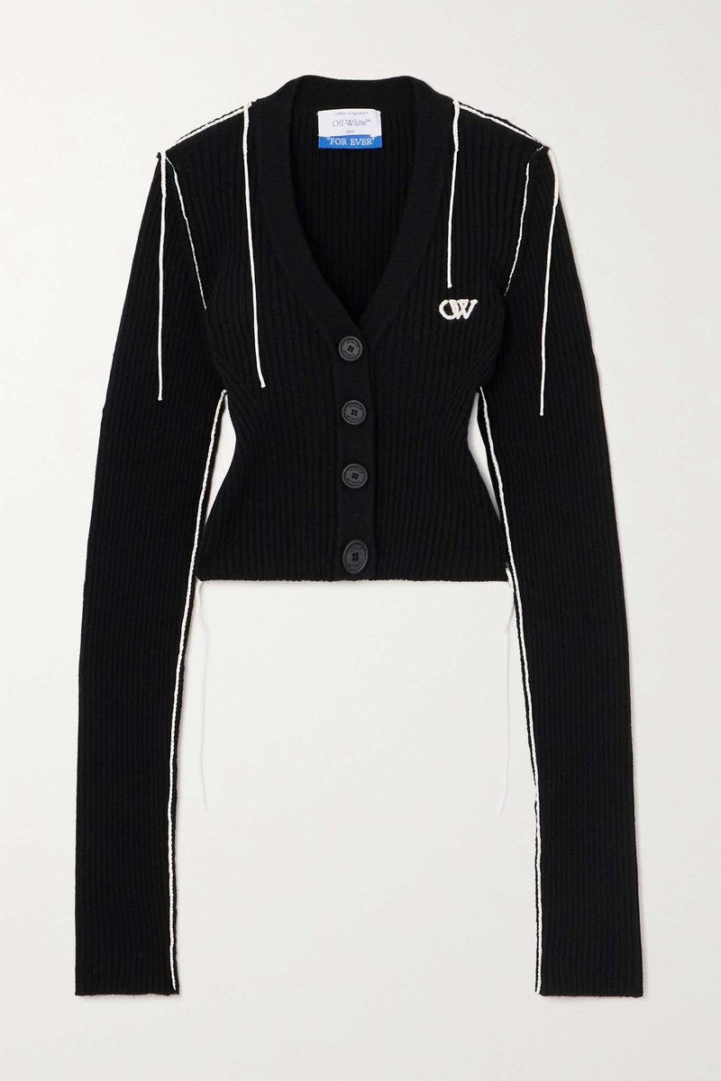 Cropped embroidered ribbed wool-blend cardigan 1