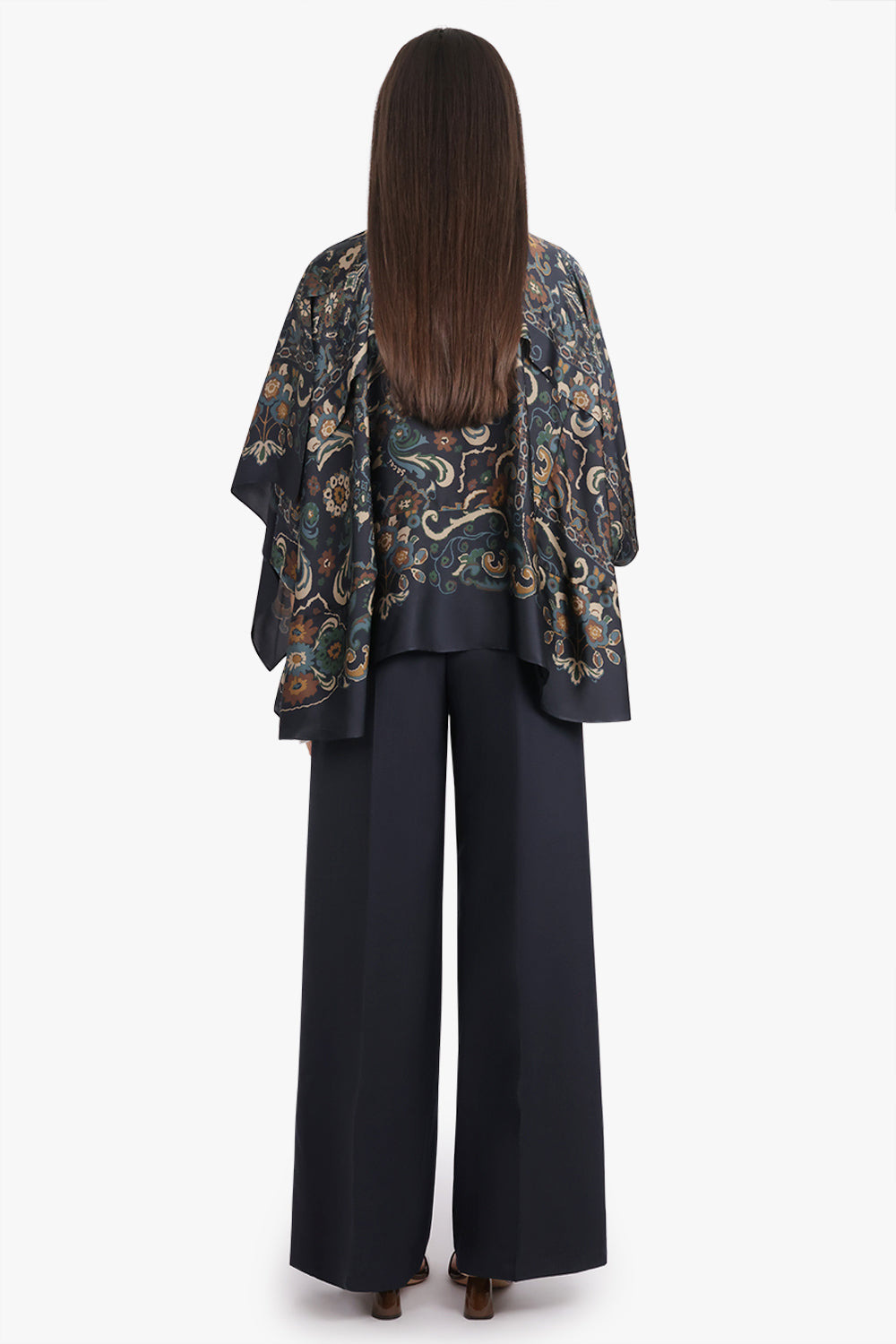SCARF S/S FLORAL PRINT HIGH NECK DRAPE BLOUSE | NAVY/MULTI - 5