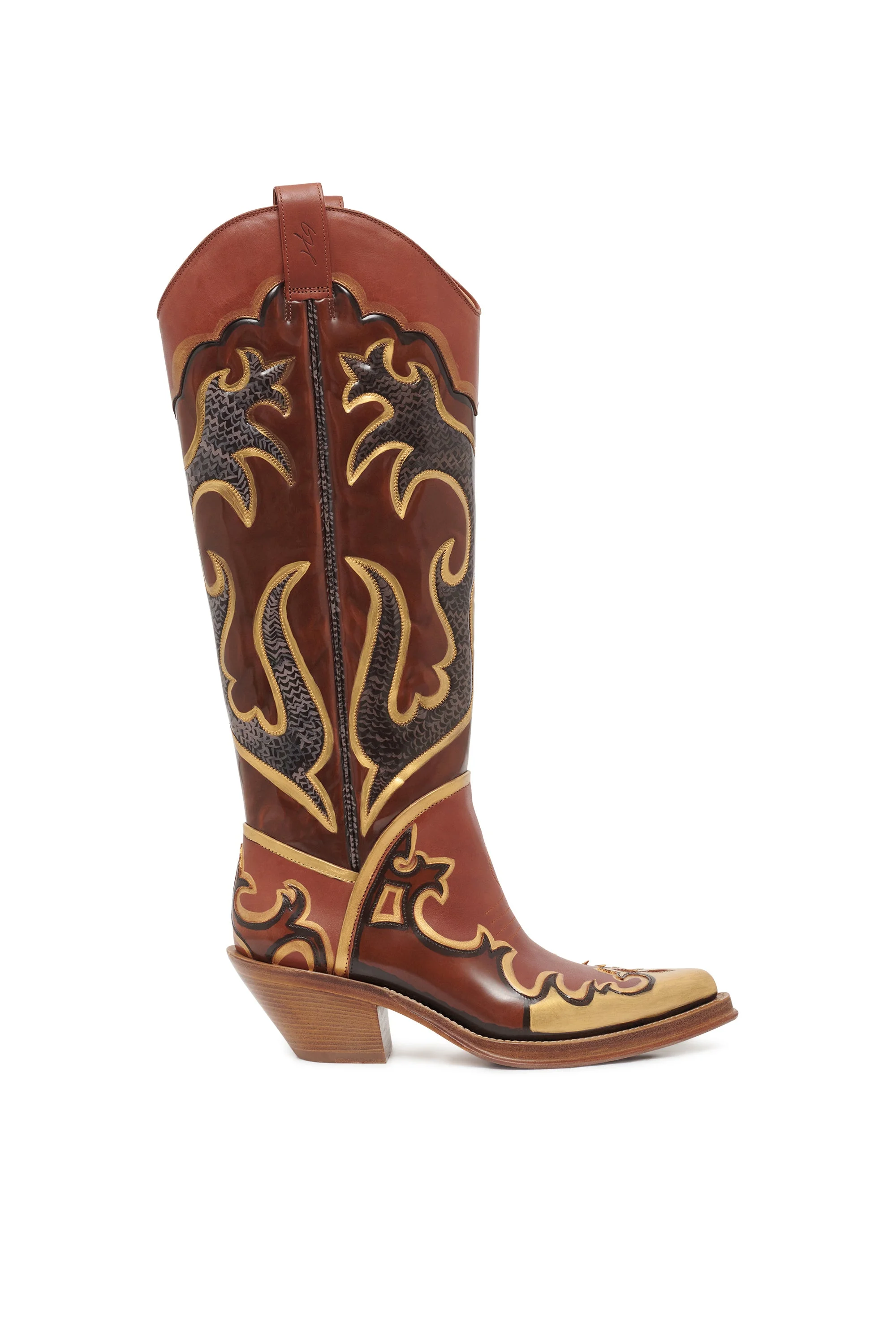 Hand Painted Capitana Cowboy Boot in Gold Leather - 1