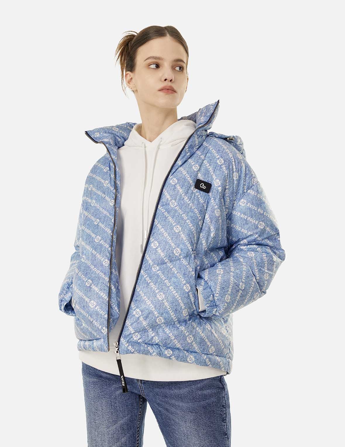 Allover Slogan and Kamon Print Fashion Fit Down Jacket with Detachable Hood - 5