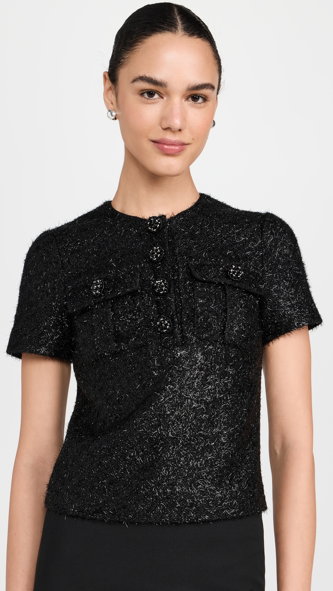 Black Tinsel Boucle Top - 1