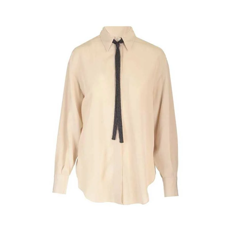 Brunello Cucinelli Womens Sand Silk Oversized Shirt - 1