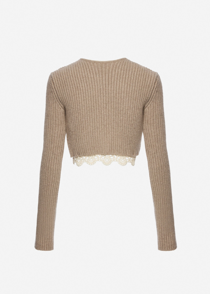 Long-sleeve crochet-trim cropped cardigan in beige 2