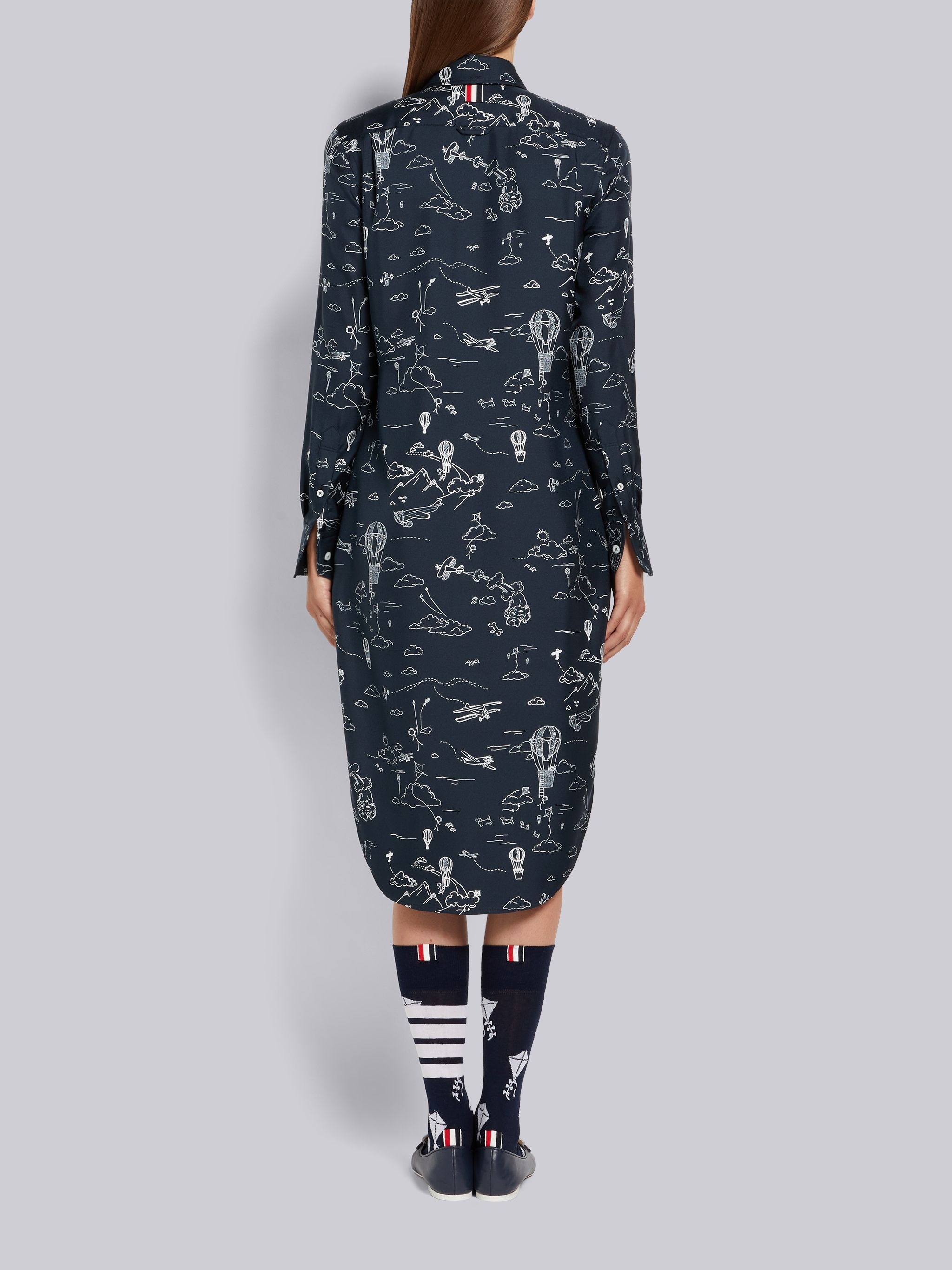 Navy Sky Toile Printed Silk Twill Point Collar Knee Length Shirtdress - 3