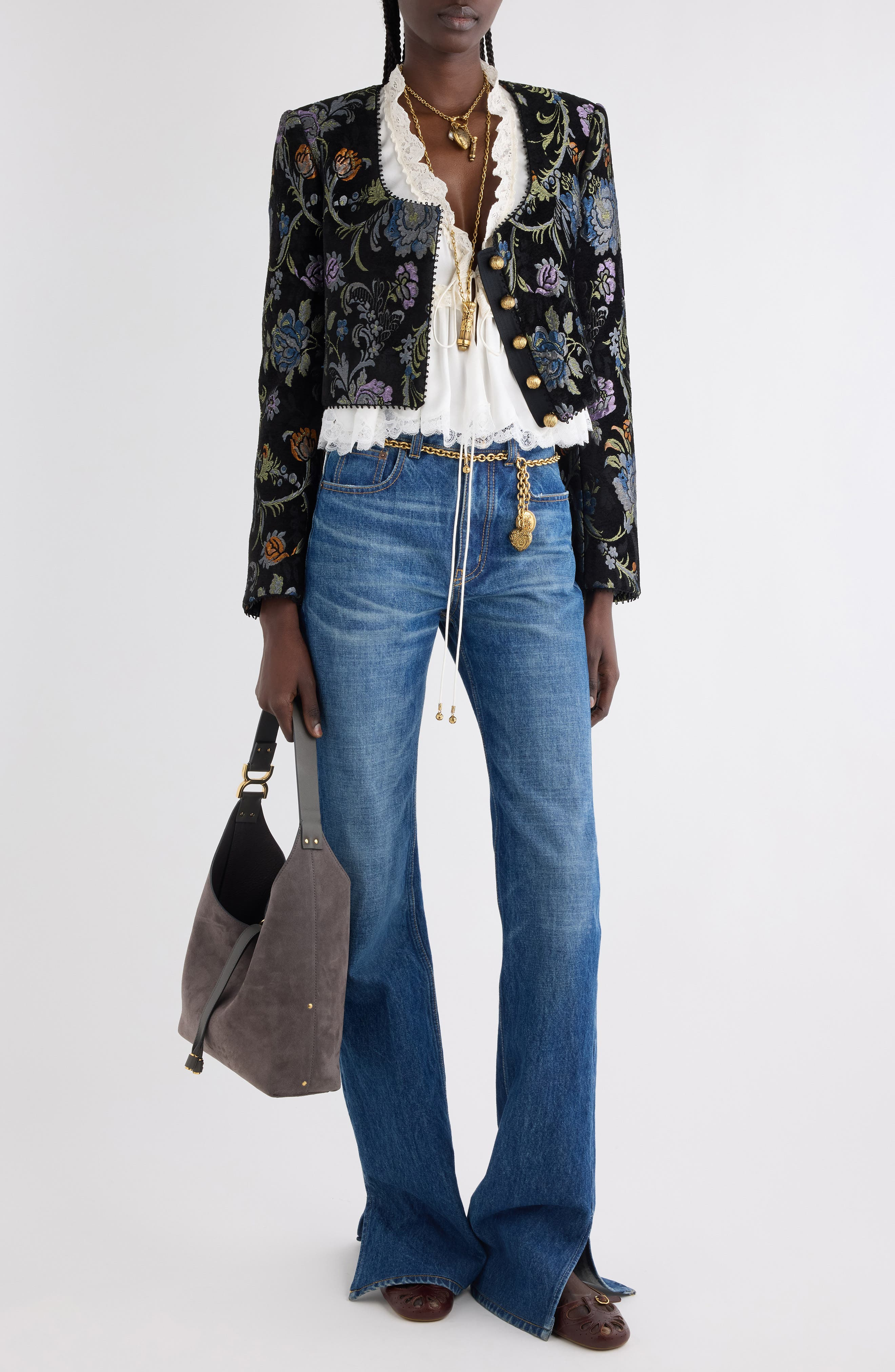 Chloé Floral Tapestry Jacquard Crop Jacket in Multicolor Black at Nordstrom - 2