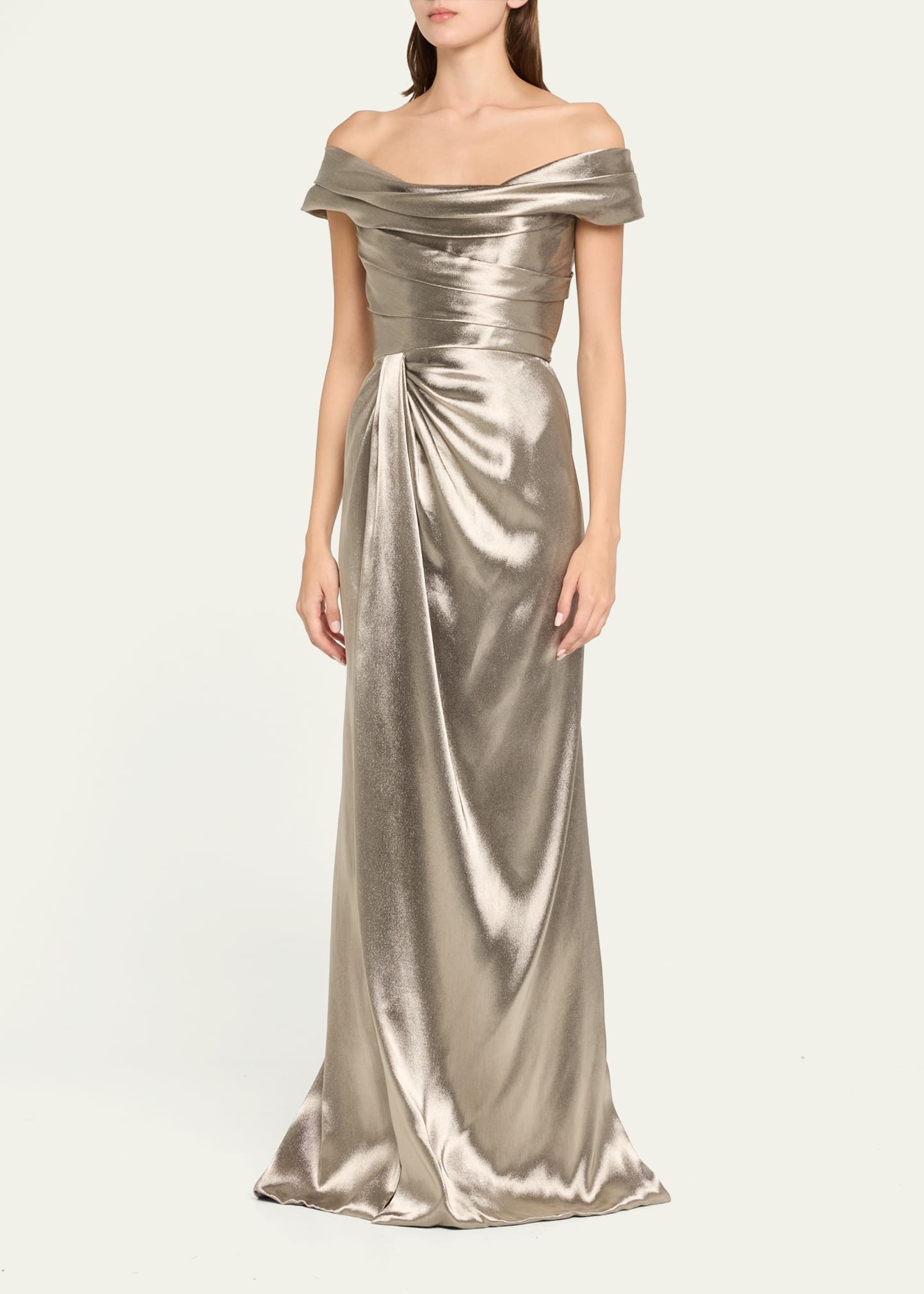 Off-Shoulder Hand Draped Metallic Gown with Slit - 4