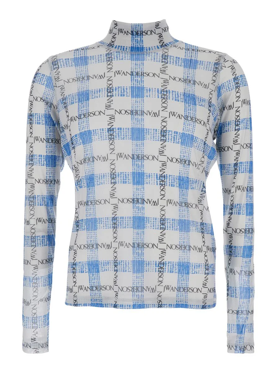 JW Anderson Light Blue Turtleneck T-Shirt With All-Over Check Motif And All-Over Logo Print In Tech - 1