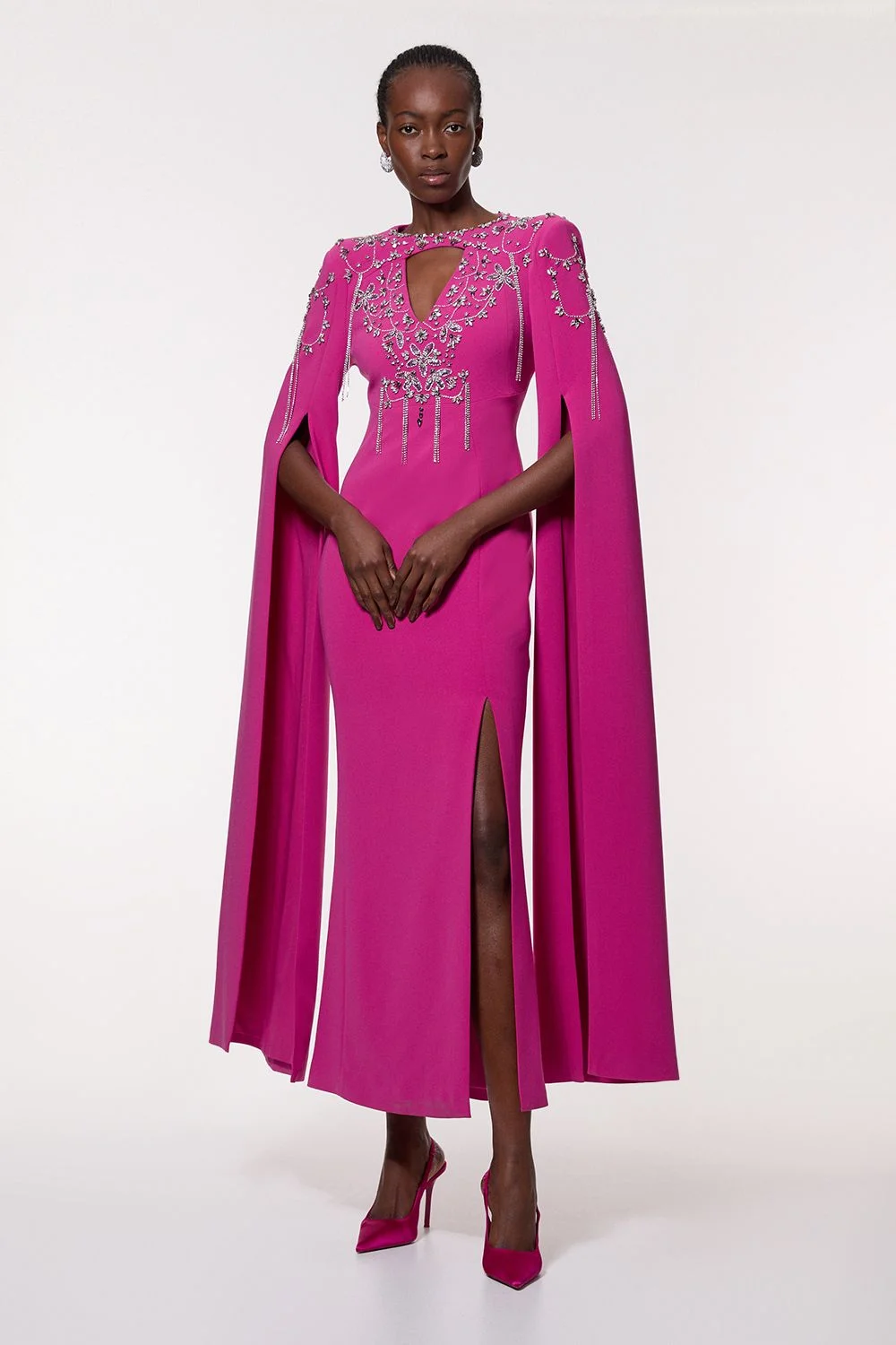 Crystal Embellished Cady Woven Cape Maxi Dress - 1
