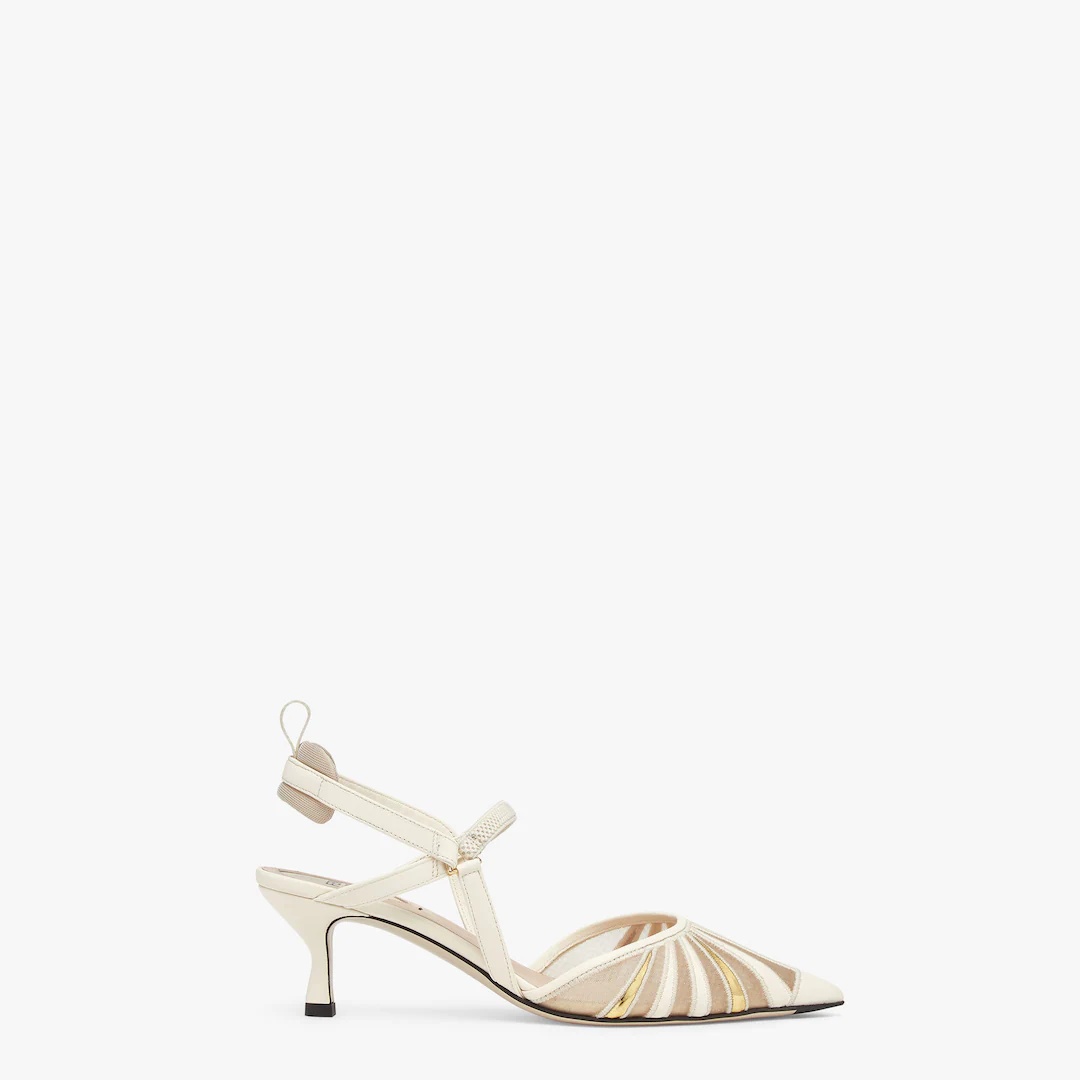 White leather and mesh medium-heeled slingbacks - 1