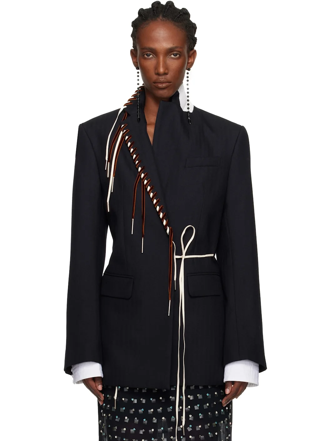 Navy Herringbone Worsted Wool Blazer - 1